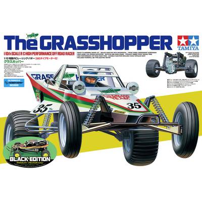 'The Grasshopper' model kit box featuring an illustration of a 1/10 scale high-performance off-road racer with distinct branding.