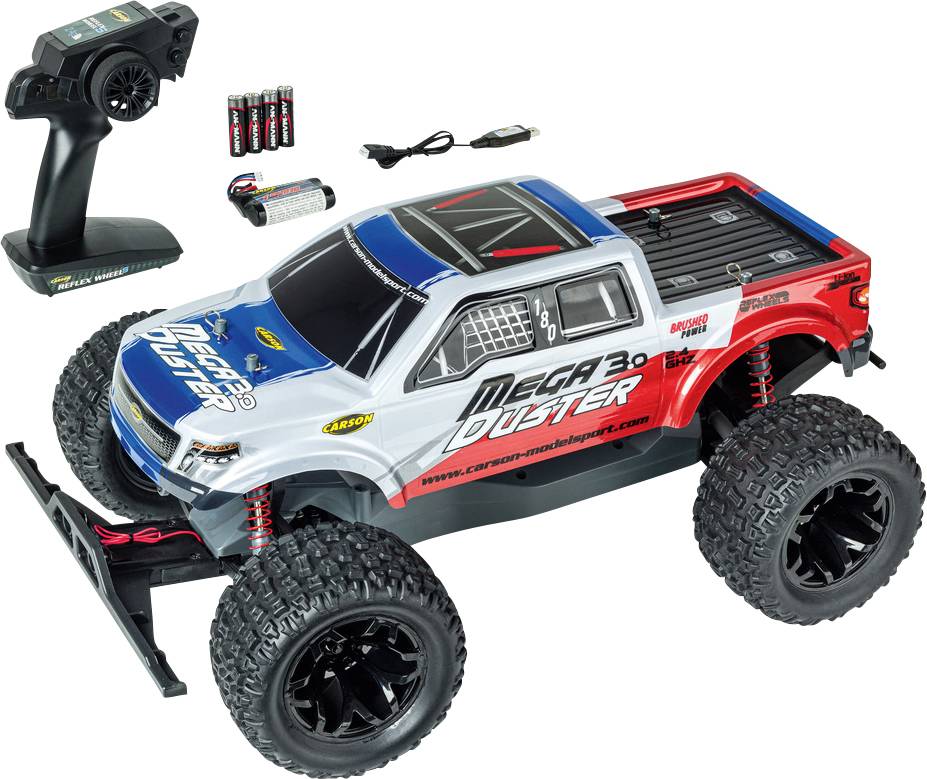 Remote-controlled off-road truck with a two-tone design, large tires, and included radio transmitter, rechargeable battery, and charger.