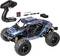 Remote-controlled blue and black off-road car with a controller, batteries, USB charger, and accessories.