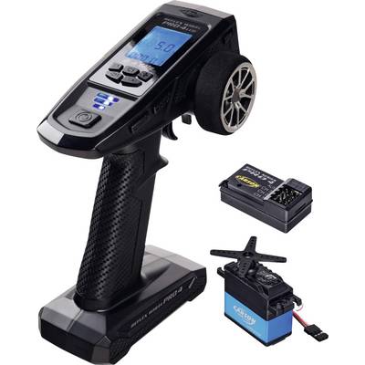'FlySky Noble Pro 4' digital remote control with LCD screen, control wheel, and buttons, shown with receiver and servo components.