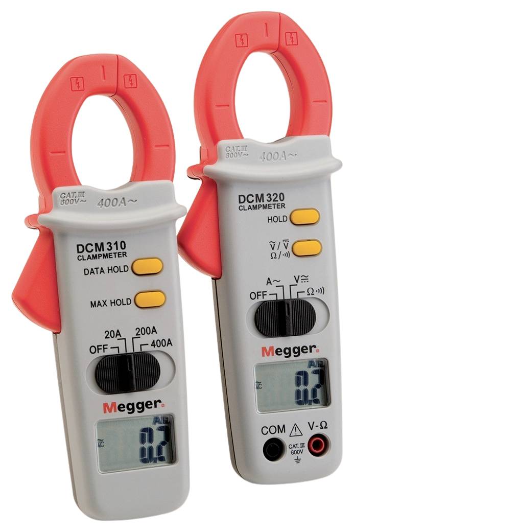 Two clamp meters, DCM310 and DCM320, with red clamps and digital displays showing '0.3'. Used for electrical measurements.