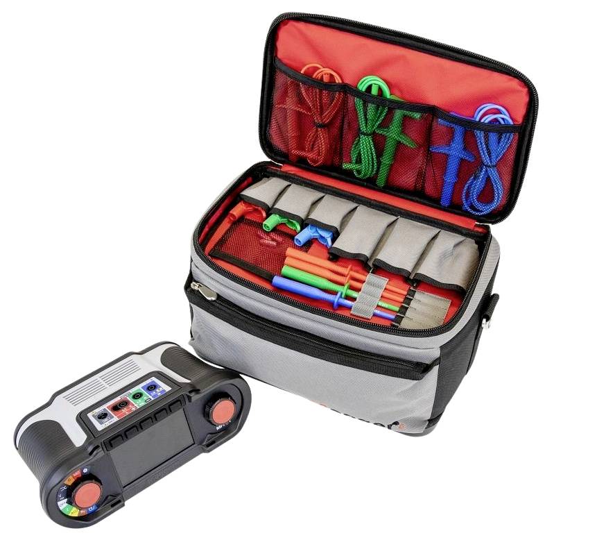 An electrical testing kit with multiple colored leads neatly organized inside a gray carrying case, alongside a digital meter device.