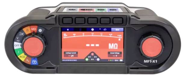 A digital multimeter with a central screen displaying 'MQ' and control dials on the sides. Buttons and color-coded sections are visible.