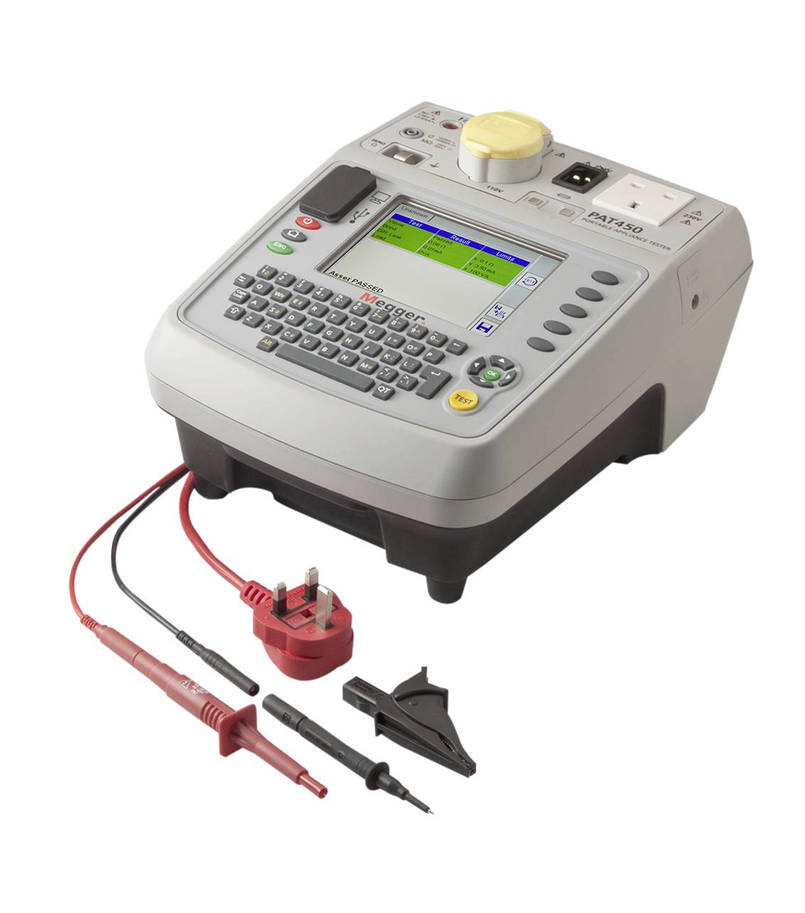 A PAT tester device with a screen, keyboard, and various ports and probes, used for electrical safety testing of appliances.