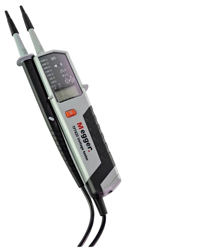 A voltage tester with probes displays voltage levels and other electrical symbols on its screen.