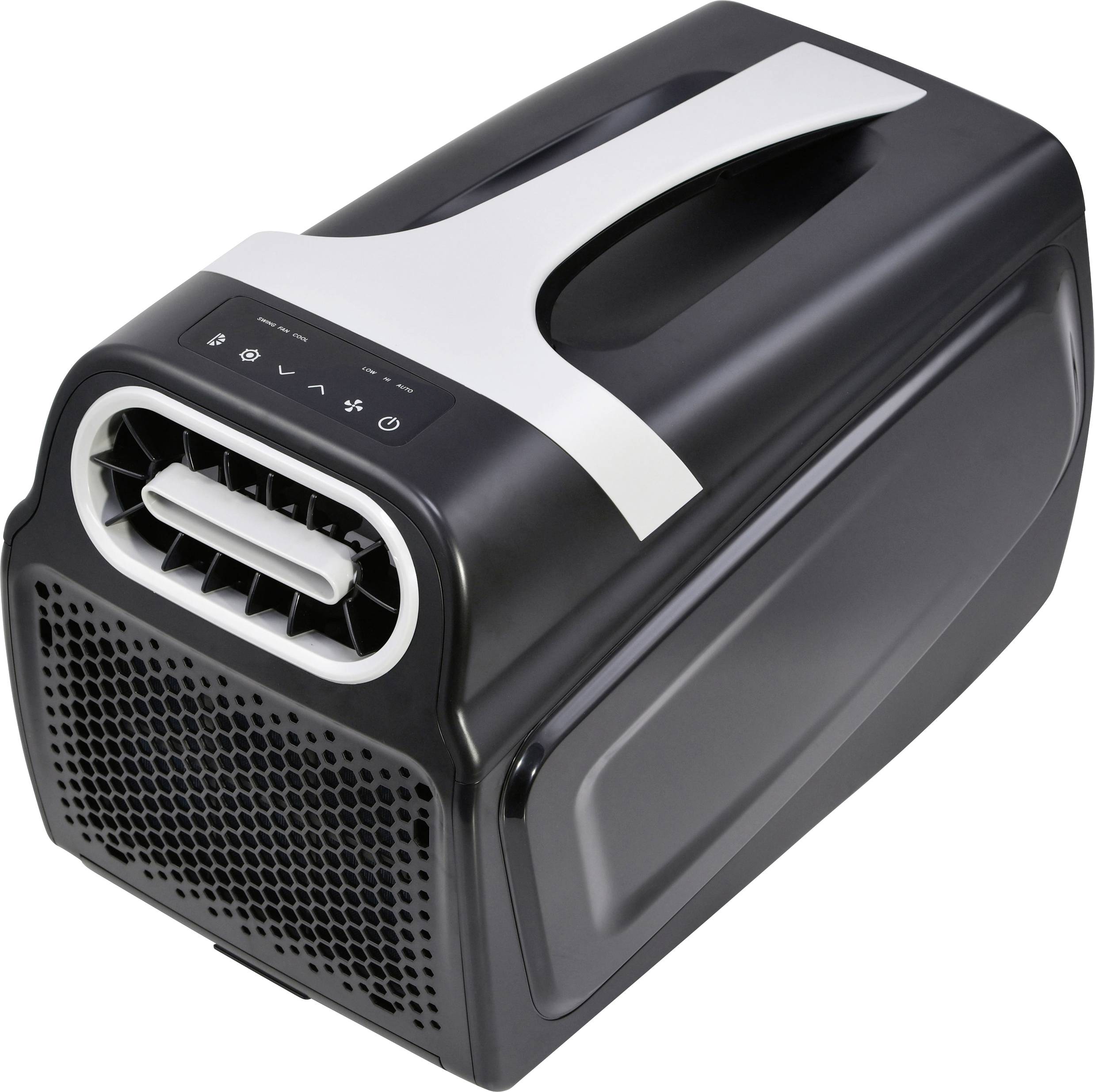 A portable air conditioner with a sleek black and white design, showing air vents and control buttons on the top panel.