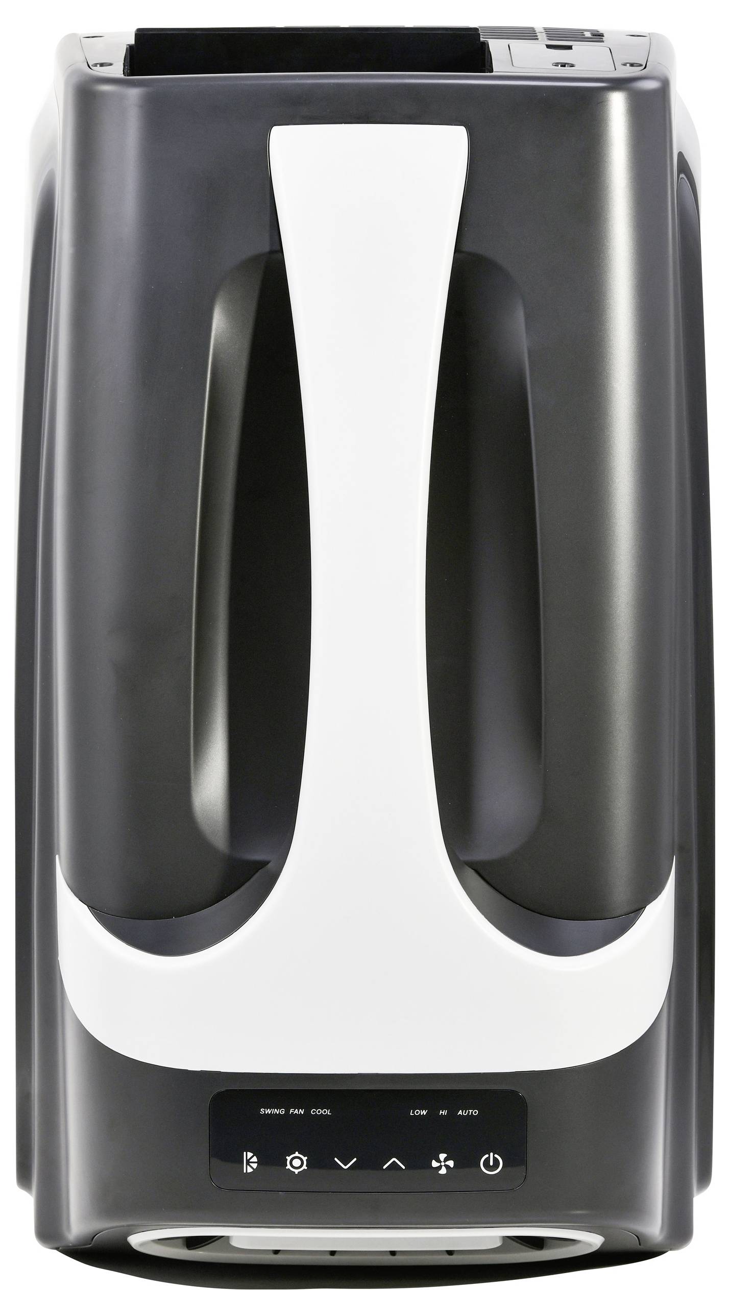 A sleek black and white air purifier with a modern design, featuring a front panel and control buttons at the bottom for easy access.