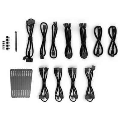 A set of various black computer cables and accessories neatly arranged on a white background, including SATA, PCIe, and power connectors.