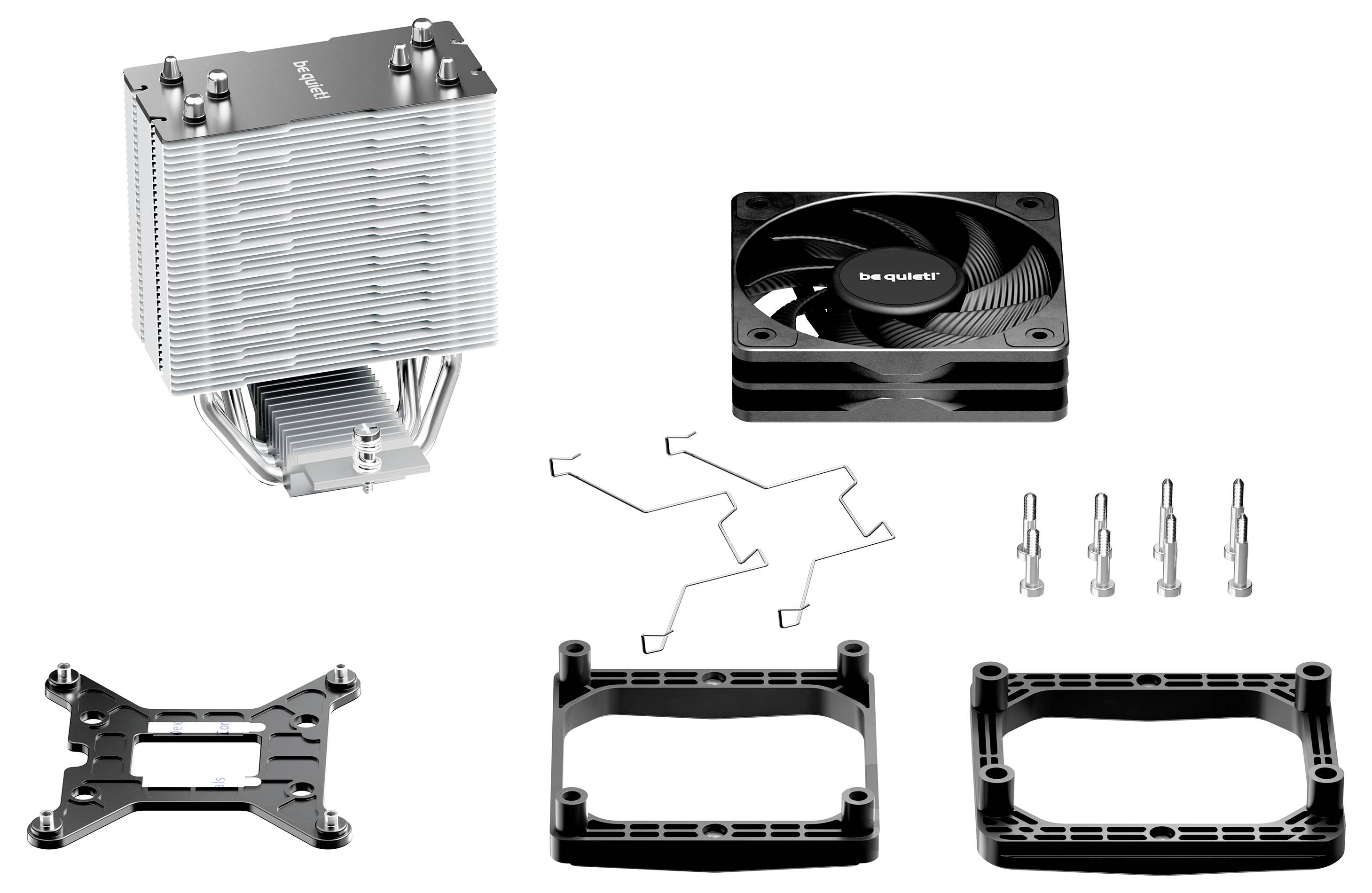 'Be quiet!' CPU cooler components: heat sink, fan, mounting hardware, and brackets, designed for efficient cooling in computer systems.
