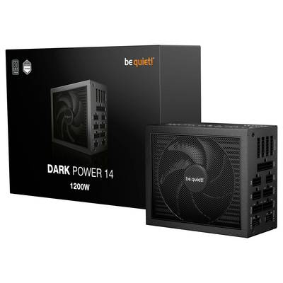 'be quiet! Dark Power 14, 1200W' power supply with multiple connectors, showcasing its design and casing in front of its packaging.