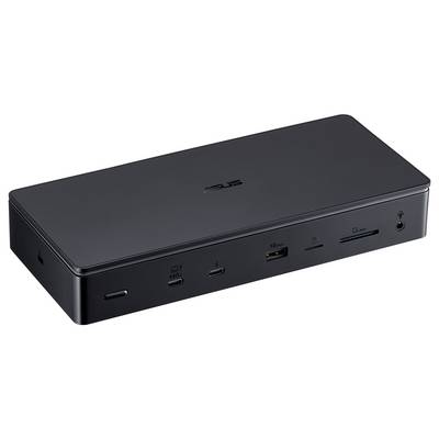 A black Asus docking station with multiple ports, including USB, HDMI, and Ethernet.