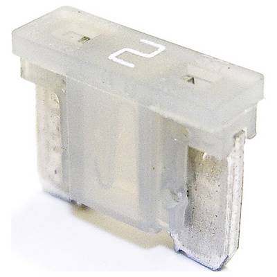 A semi-transparent 2-amp car fuse with silver metal prongs, designed to protect electrical circuits from overcurrent, isolated on a white background.
