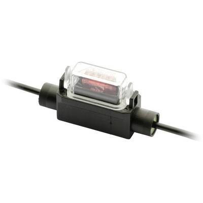 A small, rectangular fuse holder with a clear top and red fuse inside, attached to black wires on either side for electrical connections.