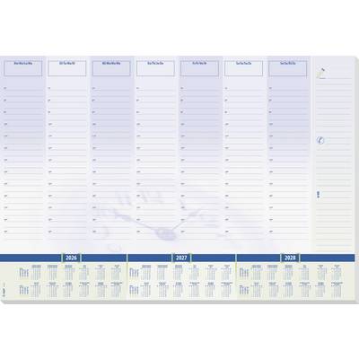 A yearly planner with sections for each day of the week. Includes calendars for 2026, 2027, and 2028 at the bottom. Blue and white design.