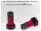 Red and black cylindrical objects on a white background with text above reading 'The base is made of high-quality flame-retardant V0 nylon.'