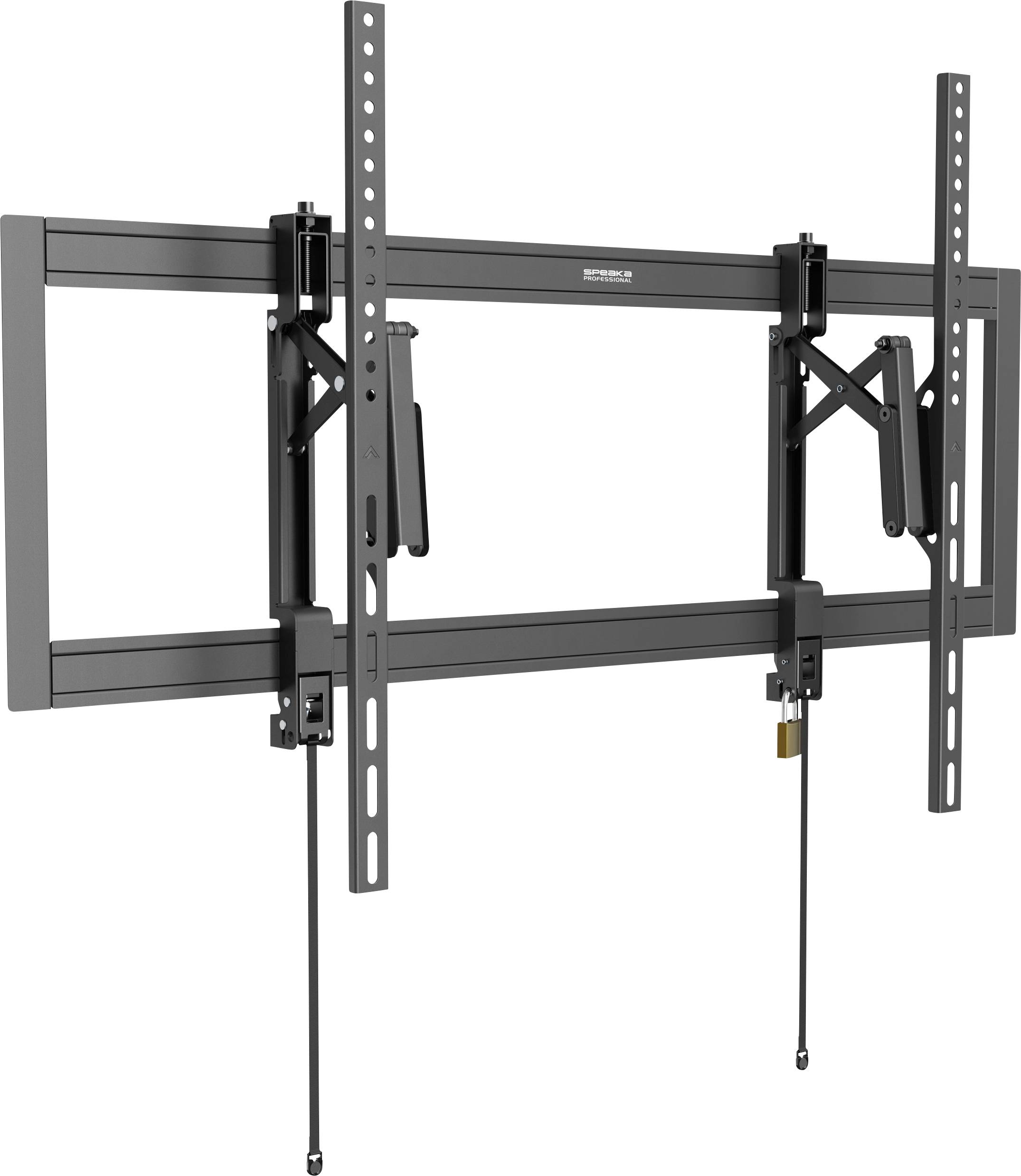Wall-mounted TV bracket with adjustable arms and vertical support bars. Designed for securing a flat-screen television to a wall.