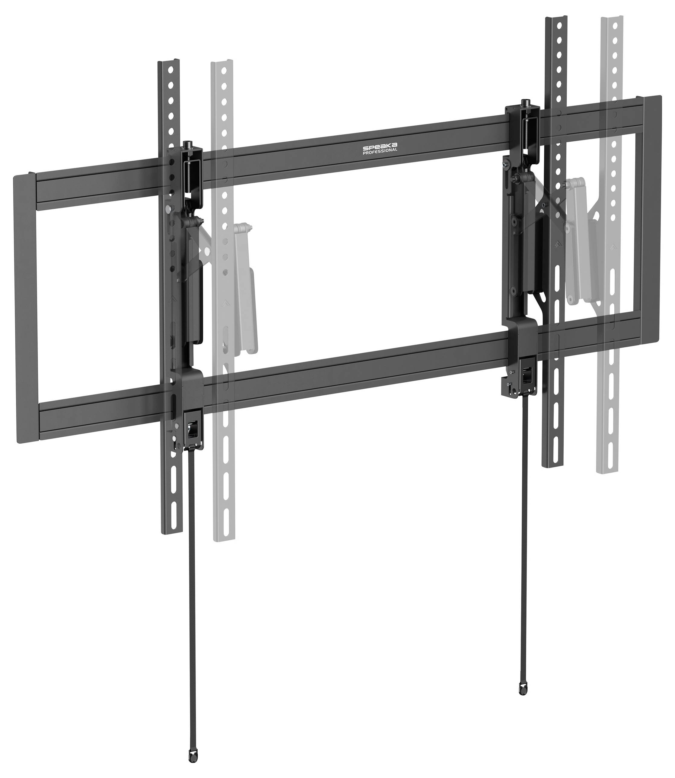 Wall mount kit with adjustable brackets for flat-screen TVs, shown in metallic gray. Includes two vertical and horizontal support arms.