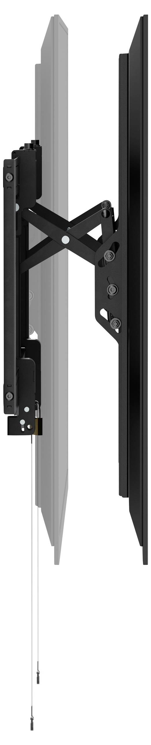 A side view of a black TV wall mount with an extendable arm, showing mounting hardware and cable management bracket.