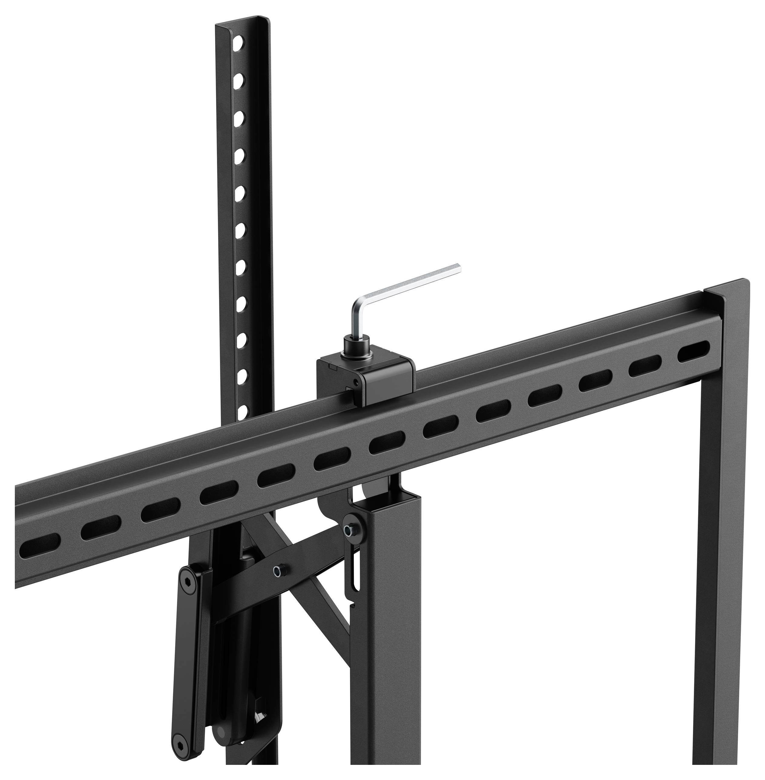 'A black adjustable TV mounting bracket, showing various adjustment holes and an L-shaped hex key inserted into the bolt for tightening.'