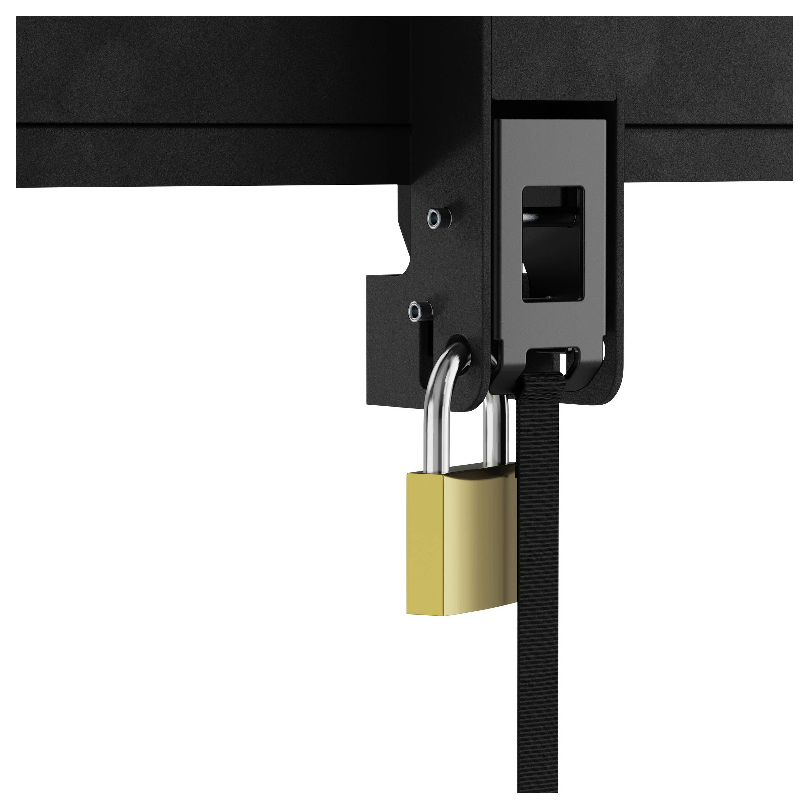 A brass padlock secures a black rectangular metal bar, symbolizing security and protection.