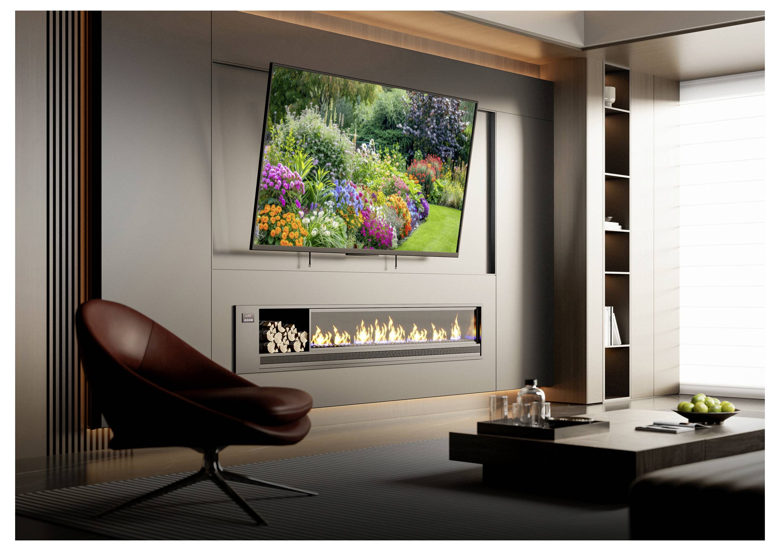 A modern living room with a wall-mounted TV displaying a vibrant garden scene above a sleek linear fireplace. A stylish chair and coffee table complete the space.