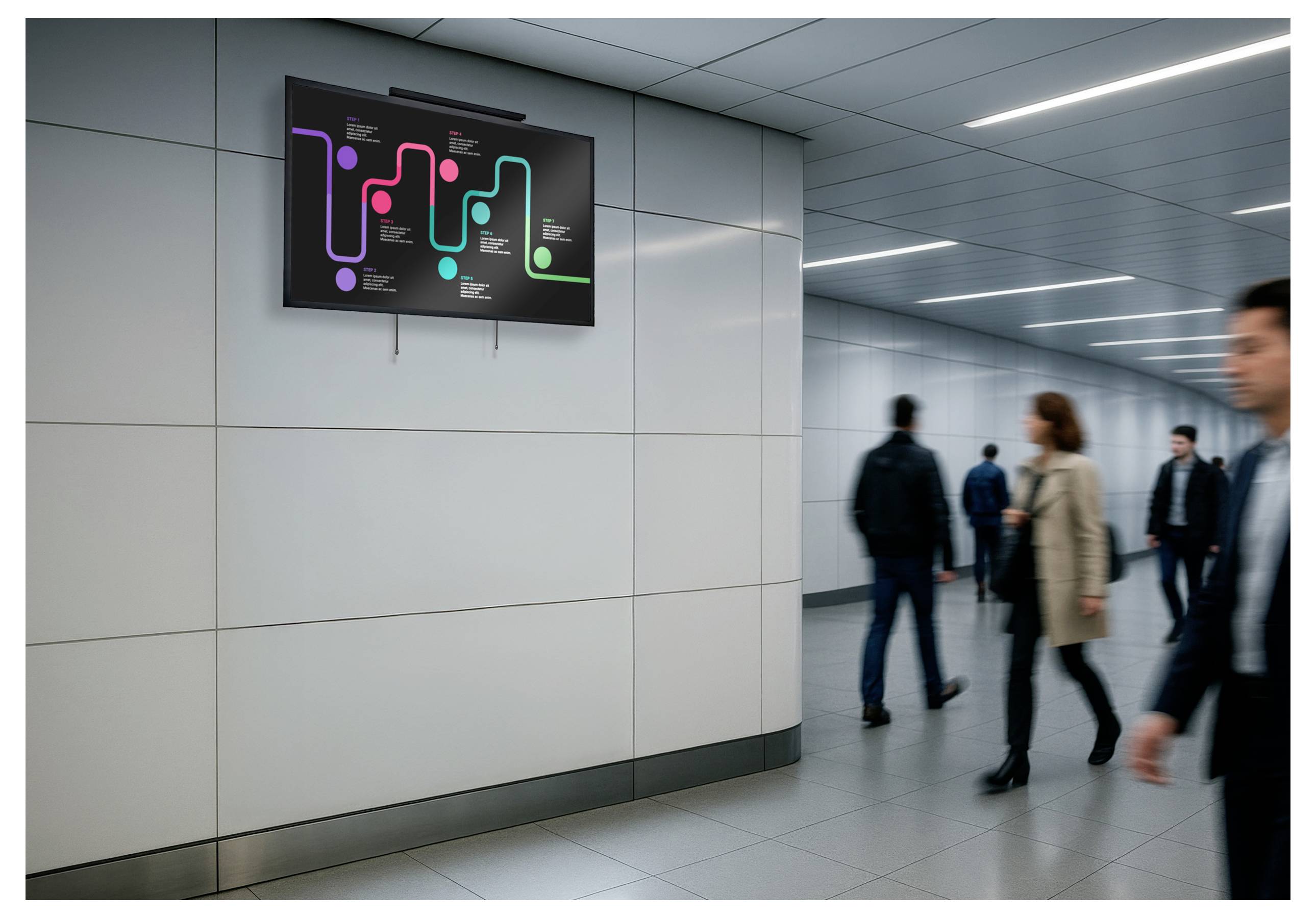 A digital wall display in a hallway shows a colorful, curved flowchart with multiple labeled nodes. People walk by in both directions.