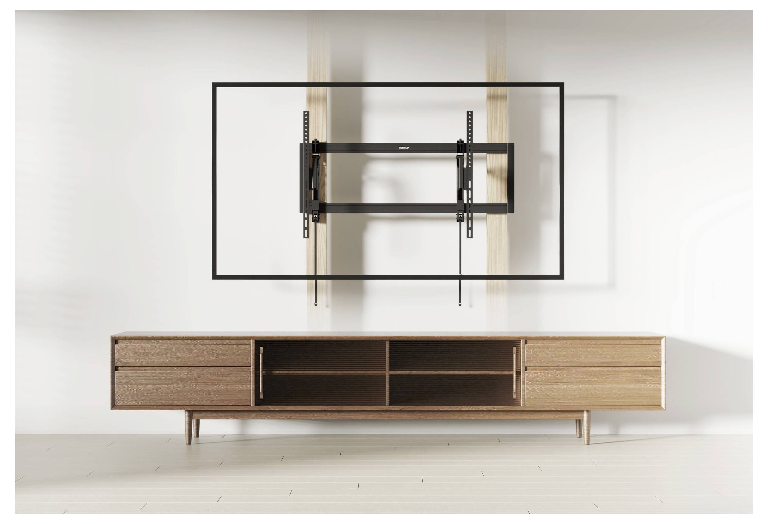 Wall-mounted TV bracket above a wooden media console with open shelves, against a plain background.