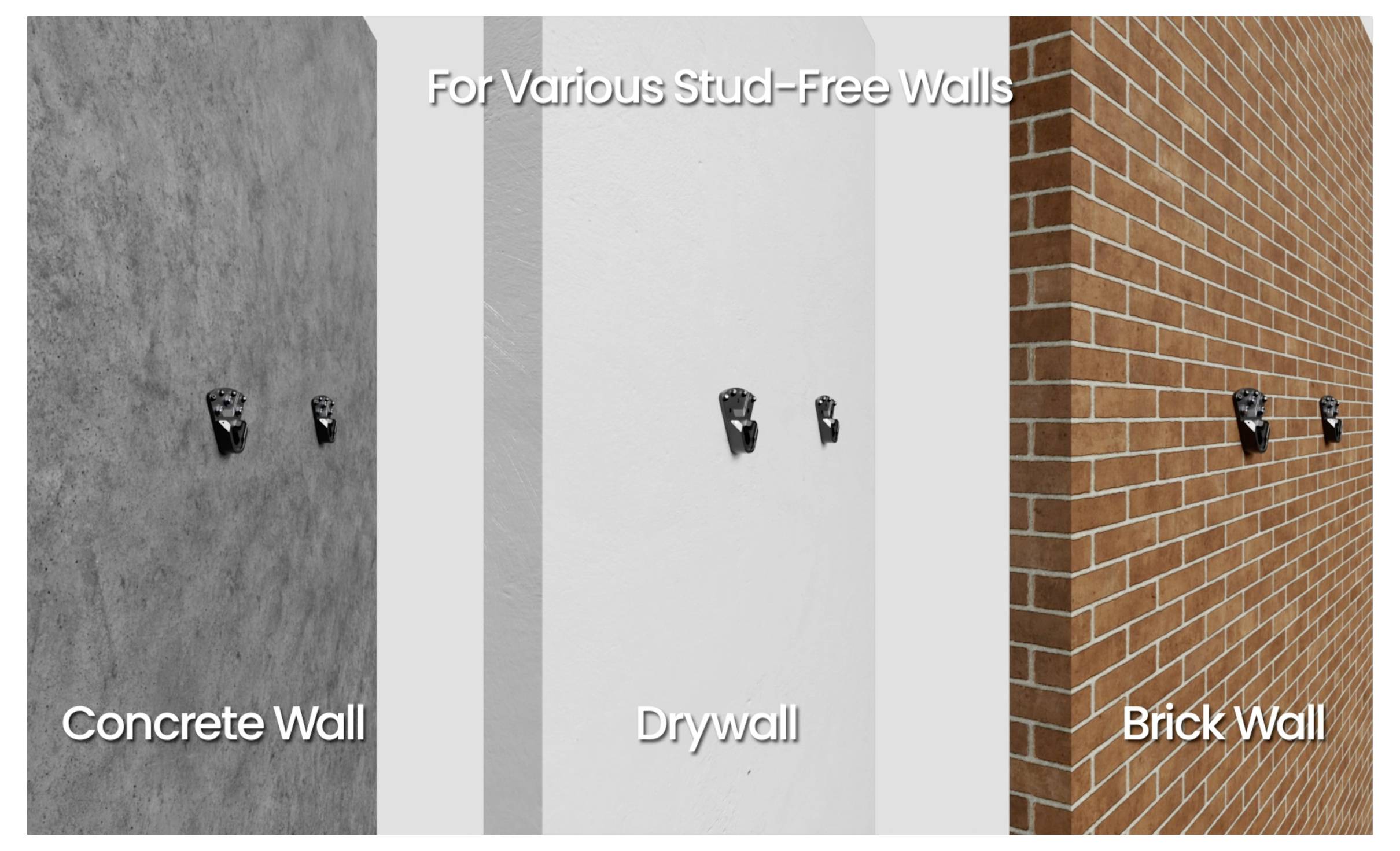 Image showing three types of stud-free walls: 'Concrete Wall', 'Drywall', and 'Brick Wall', each with a mounted object.