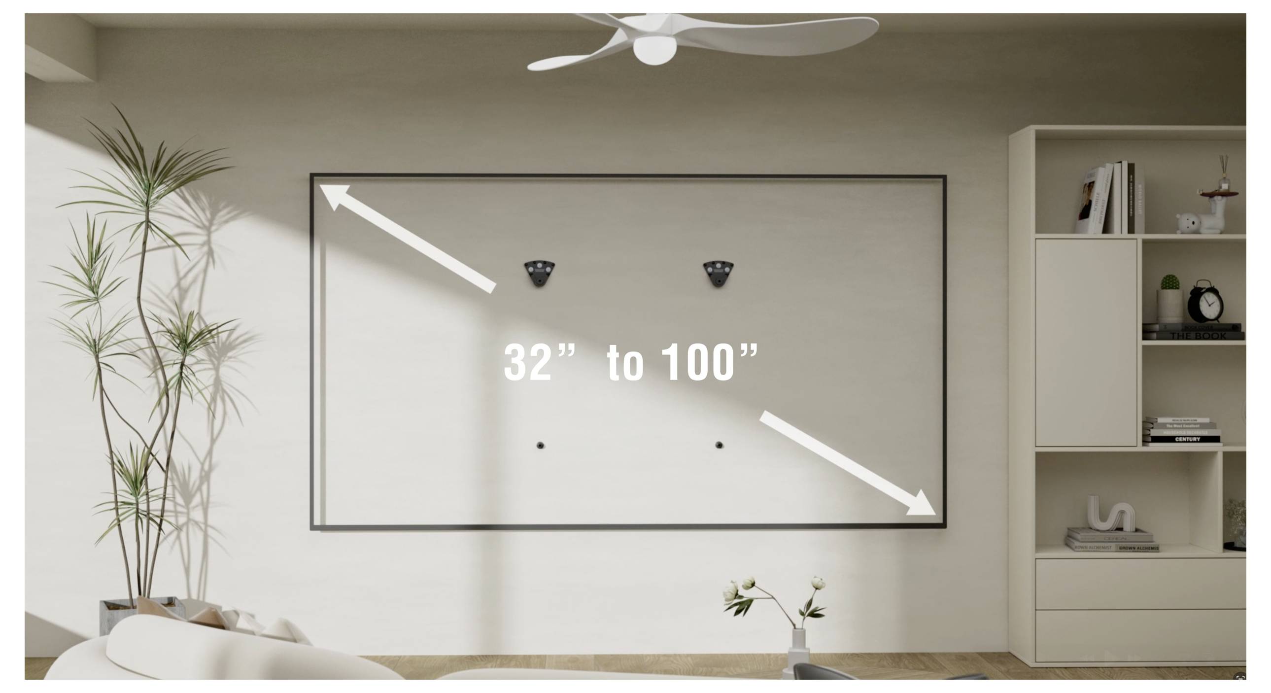 A wall-mounted TV bracket with text '32" to 100"' displayed diagonally in a modern living room with a plant and a shelf nearby.