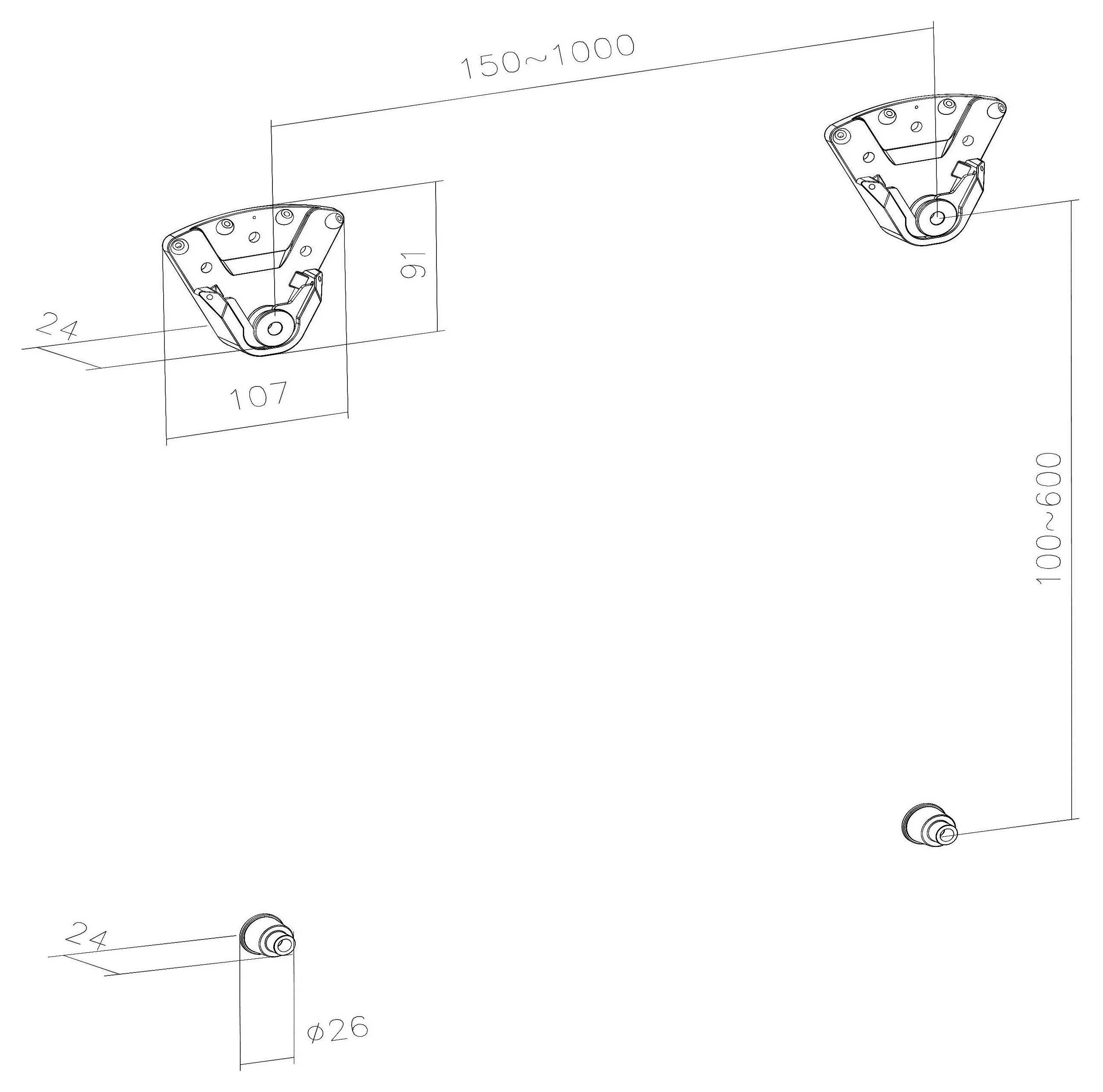 Technical diagram showing brackets with dimensions: top brackets are 91 and 107 mm apart, adjustable width 150-1000 mm, height 100-600 mm.