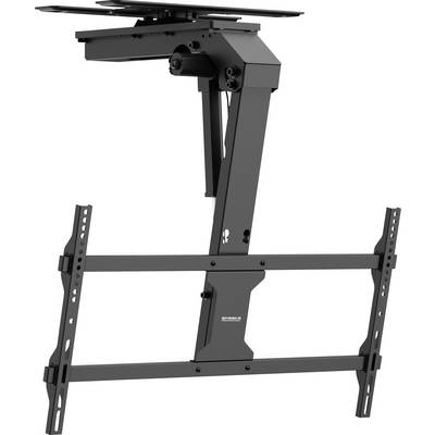 Black ceiling-mounted TV bracket with adjustable arm and mounting frame, designed for flat-screen TVs for overhead installation.
