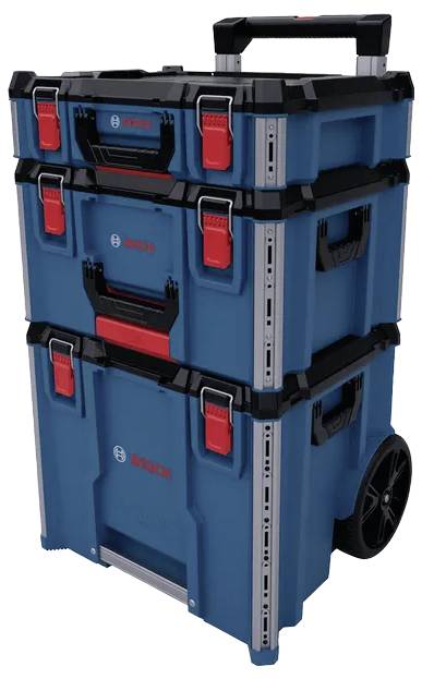 Stacked blue and black toolboxes with red latches, featuring wheels and a handle for easy transport. Includes 'Bosch' logo.