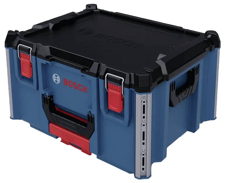 A blue and black Bosch storage case with red latches, featuring a carry handle.