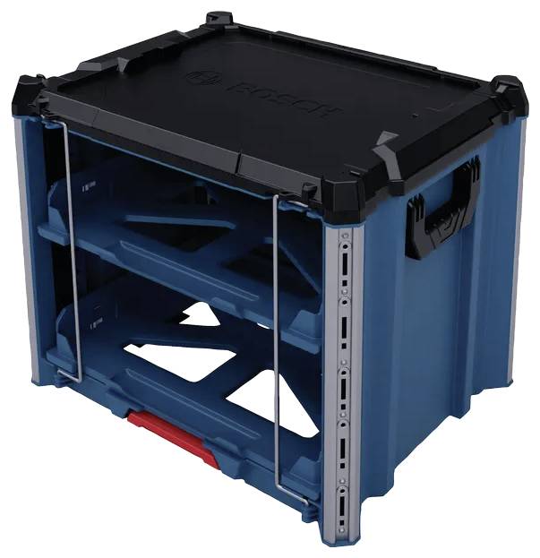 A blue and black storage box with two visible pull-out trays and side handles, designed for organizing tools or equipment.