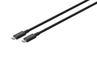 Two black Thunderbolt cables are displayed on a black background, showing their connectors.