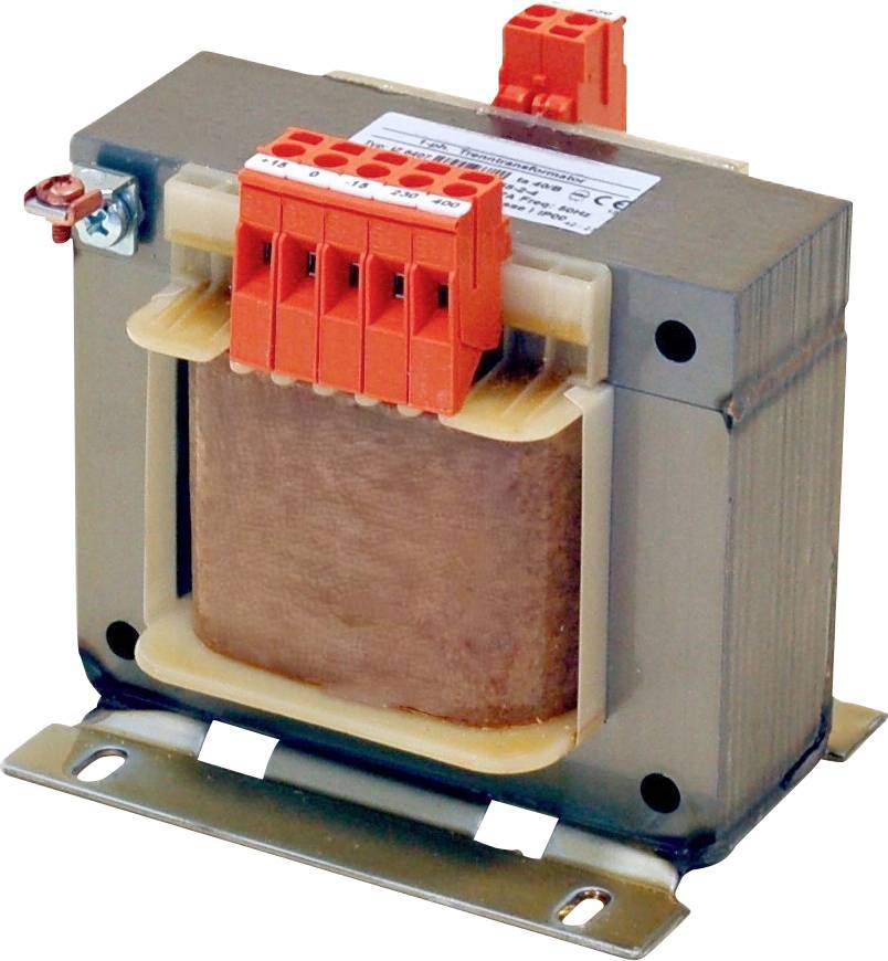 A metal and plastic electrical transformer with red terminals for connecting wires. It is mounted on a metal base.