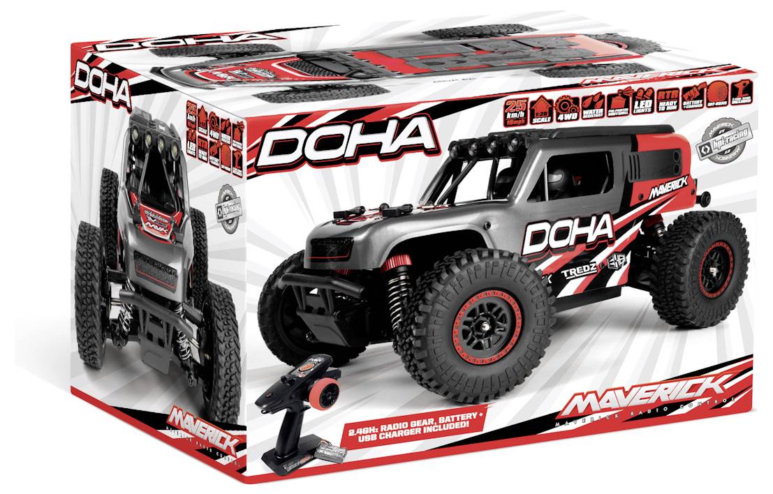 'Maverick' remote-controlled car packaging featuring the 'Doha' model. Shows car, controller, and key features with red and black design.