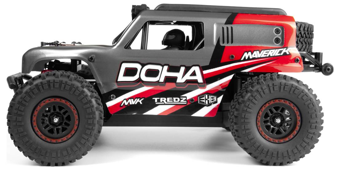 'DOHA' branded remote-controlled truck with large off-road tires, red and black design, side view.
