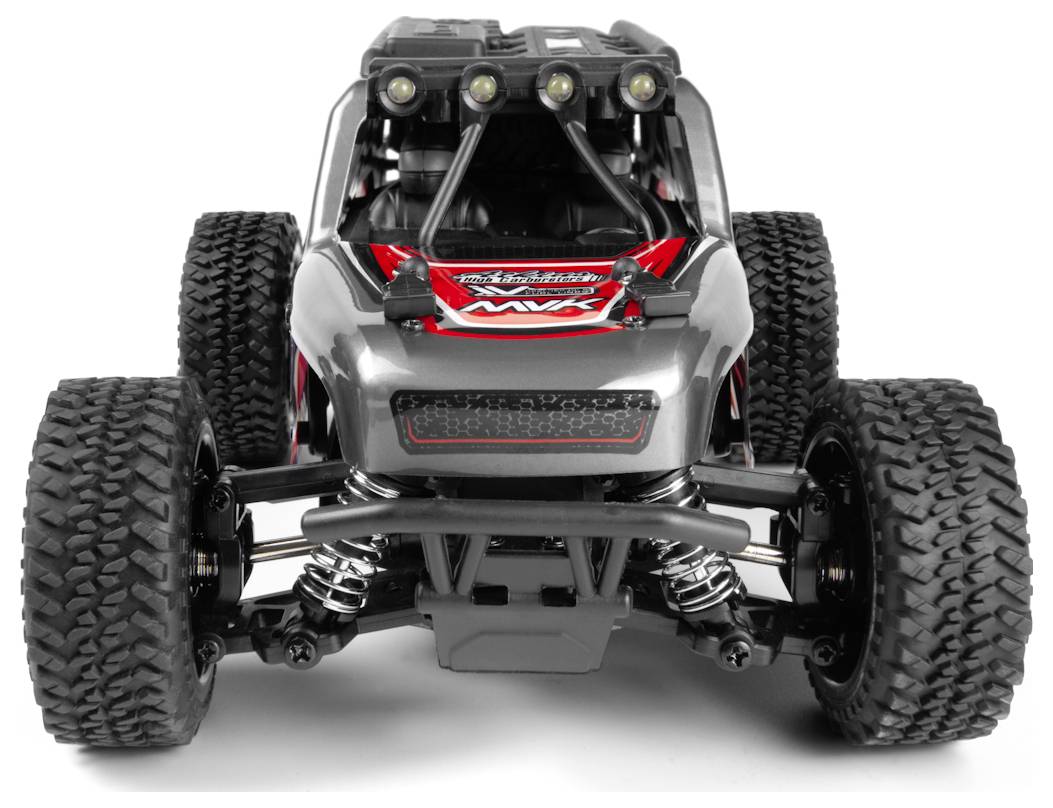 A gray and red remote-controlled truck with large tires and suspension detail, viewed from the front, highlighting its rugged design.