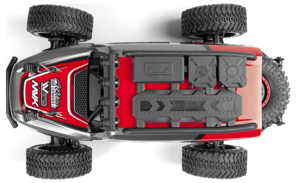 A photo of a red and black remote-controlled off-road truck, viewed from above, highlighting its large tires and rugged design.