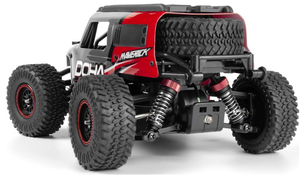 A red and black remote control off-road vehicle with large tires and visible suspension, designed for rugged terrain navigation.