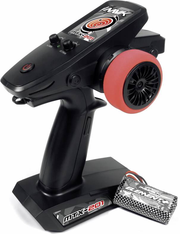 'MTX-201' black RC controller with red wheel, power button, antenna, and two control knobs. Accompanied by a silver battery pack labeled 'ELEMENTS.'