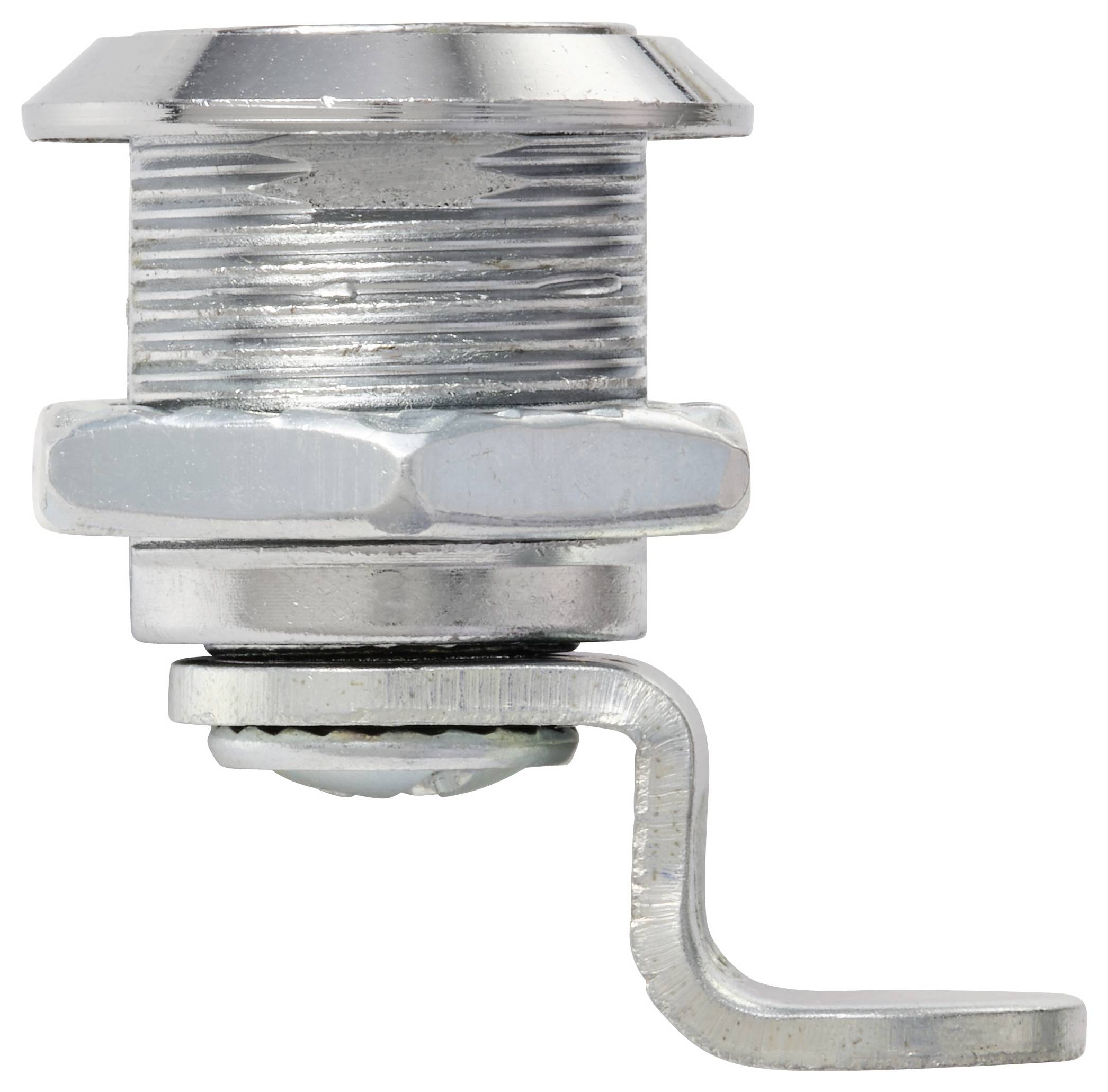 A metal cable connector with a threaded body and a locking nut, designed to securely attach cables to electrical panels or boxes.