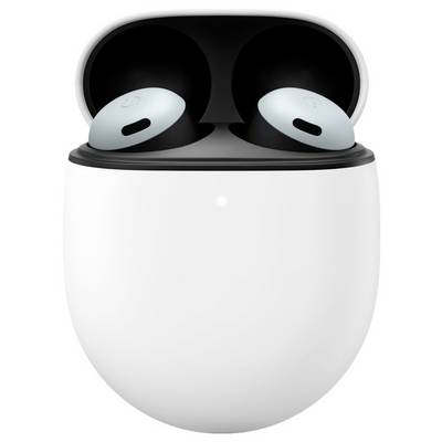 White wireless earbuds in an open charging case, showing a sleek, modern design.
