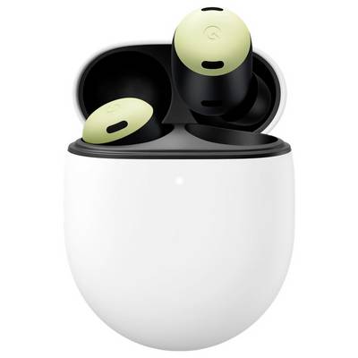 White wireless earbuds with a black interior, partially open case, and yellow accents on the earbuds.
