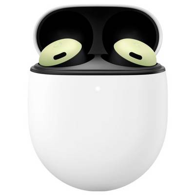 Wireless earbuds in a charging case, featuring a sleek design with a glossy white exterior and black interior, shown from the front.