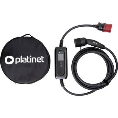 'Platinet' electric car charger with display and coiled black cable next to a round carrying case.