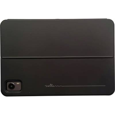 A black tablet viewed from the back, featuring a camera in the top left corner and a minimalist line design with a signature near the bottom.
