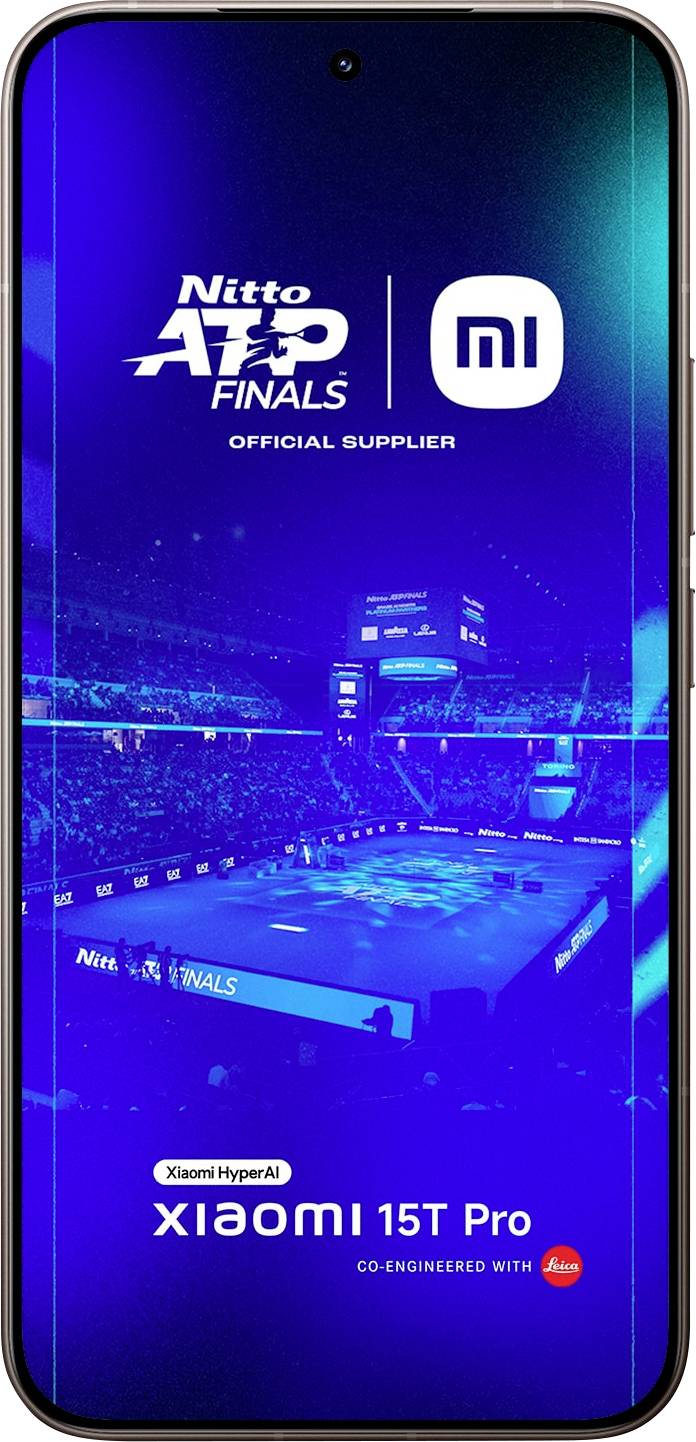 A smartphone screen displaying the 'Nitto ATP Finals' with a tennis court graphic, featuring logos for ATP and Xiaomi 13T Pro, noted as the official supplier.