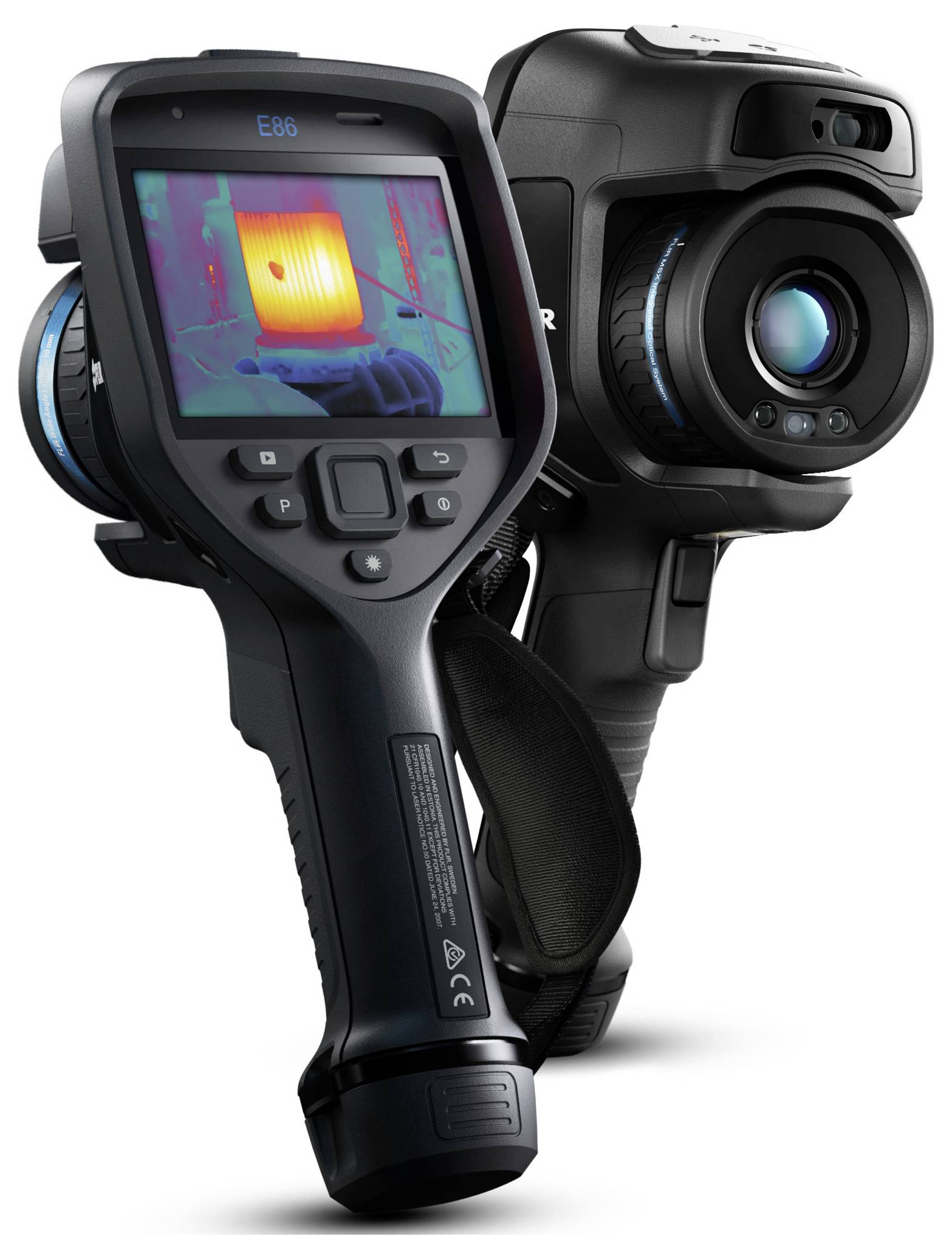 A handheld thermal imaging camera displaying heat patterns on its screen, featuring a lens and control buttons for capturing thermal data.